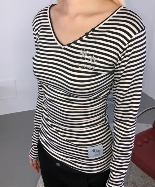 COIRIS(コイリス)の「◇COIRIS◇ブランド直輸入正規品/ローザ Vネック ストライプ 長袖Tシャツ Rosa V-neck Stripe Long Sleeve Tee(Tシャツ/カットソー・レディース・ブラック系その他/ブラック×ホワイト・FREE)」の3枚目の写真