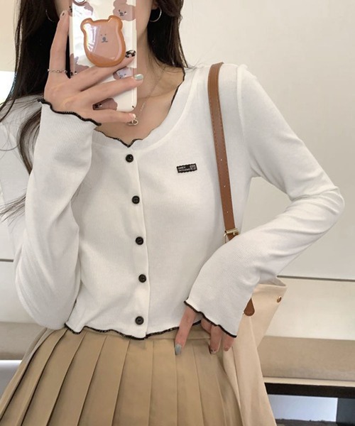 WESTSEA(ウエストシー)の「配色メロウ ワンポイント ショート丈 長袖 カーディガン(Tシャツ/カットソー・レディース・オフホワイト/ブラック/グレー・M/L)」の2枚目の写真