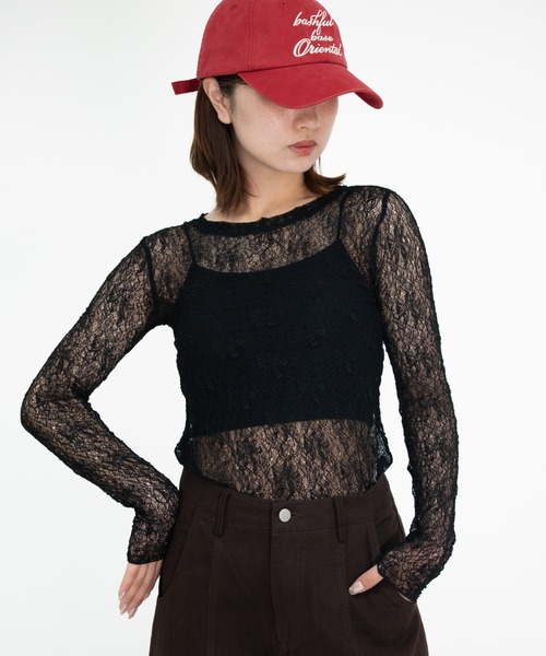 bashful base Oriental(バッシュフルベースオリエンタル)の「【bbO】ストレッチレースロングスリーブトップス(Tシャツ/カットソー・レディース・ブラック/アイボリー・FREE)」の1枚目の写真