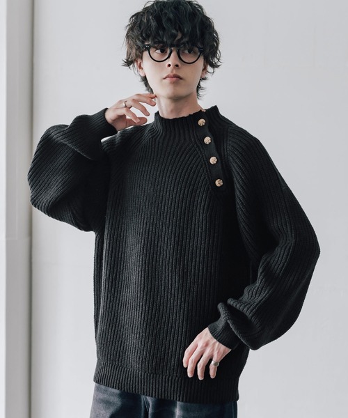 Rocky Monroe（ロッキーモンロー）の「オーバーサイズモックネックショルダーボタン畦編みニットセーター（ニット/セーター・メンズ・グレー/ブラウン/ブラック/チャコール・XL/L/M）」の5枚目の写真