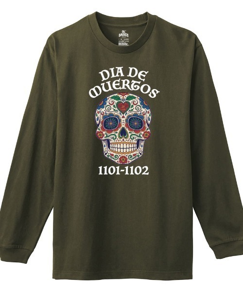 Ol' Basics(オールベーシックス)の「Ol' Basics(オール・ベーシックス) 長袖Tシャツ 死者の日 ドクロ 骸骨 プリント Tシャツ 長袖 トップス カットソー アメカジ カジュアル メンズ レディース ユニセックス(Tシャツ/カットソー・メンズ・ヘザーグレー/ホワイト/アーミー/ブラック・M/L/XL)」の1枚目の写真