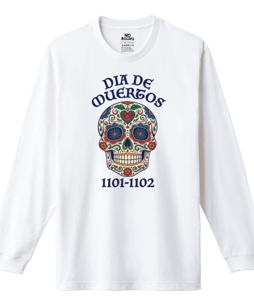Ol' Basics(オールベーシックス)の「Ol' Basics(オール・ベーシックス) 長袖Tシャツ 死者の日 ドクロ 骸骨 プリント Tシャツ 長袖 トップス カットソー アメカジ カジュアル メンズ レディース ユニセックス(Tシャツ/カットソー・メンズ・ヘザーグレー/ホワイト/アーミー/ブラック・M/L/XL)」の2枚目の写真