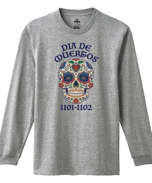 Ol' Basics(オールベーシックス)の「Ol' Basics(オール・ベーシックス) 長袖Tシャツ 死者の日 ドクロ 骸骨 プリント Tシャツ 長袖 トップス カットソー アメカジ カジュアル メンズ レディース ユニセックス(Tシャツ/カットソー・メンズ・ヘザーグレー/ホワイト/アーミー/ブラック・M/L/XL)」の4枚目の写真