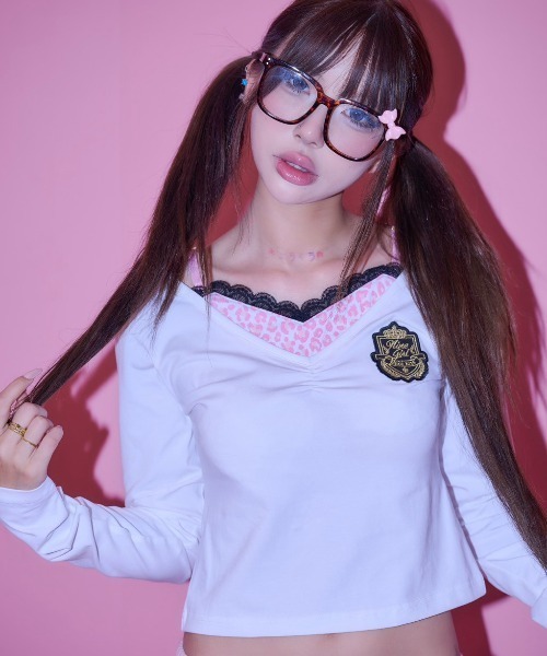 A'GEM9girl(エージェムナインガール)の「A'GEM/9 × .kom 『A'GEM/9 girl/エージェムナインガール』ヒョウ柄レイヤーロングスリーブ(Tシャツ/カットソー・レディース・ホワイト/ブラック・FREE)」の3枚目の写真