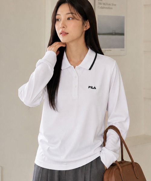 FILA(フィラ)の「【WEB別注】FILA フィラ L’S衿ライン入り長袖ポロシャツ ドライ 吸汗速乾(ポロシャツ・レディース・ホワイト/ネイビー/ブラック・L/M/LL)」の1枚目の写真