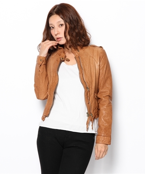 goa(ゴア)の「スタンドカラーレザーJK(ライダースジャケット・レディース・ブラウン/ベージュ/ブラック・FREE)」の1枚目の写真