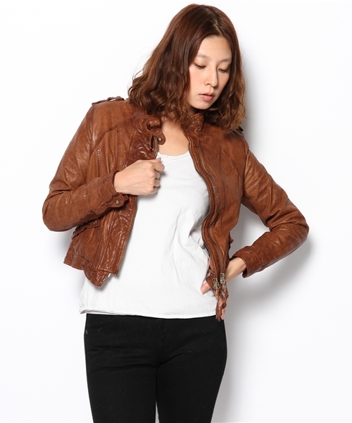 goa(ゴア)の「スタンドカラーレザーJK(ライダースジャケット・レディース・ブラウン/ベージュ/ブラック・FREE)」の3枚目の写真