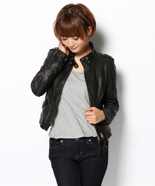 goa(ゴア)の「スタンドカラーレザーJK(ライダースジャケット・レディース・ブラウン/ベージュ/ブラック・FREE)」の2枚目の写真