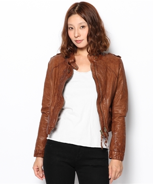 goa(ゴア)の「スタンドカラーレザーJK(ライダースジャケット・レディース・ブラウン/ベージュ/ブラック・FREE)」の4枚目の写真