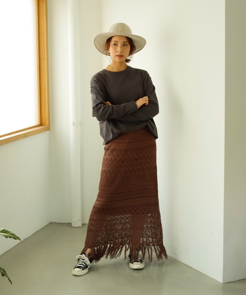 Auntie Rosa Holiday（アンティローザホリデー）の「透かし編みフリンジスカート（スカート・レディース・ブラウン/モカ/ナチュラル・FREE）」の4枚目の写真