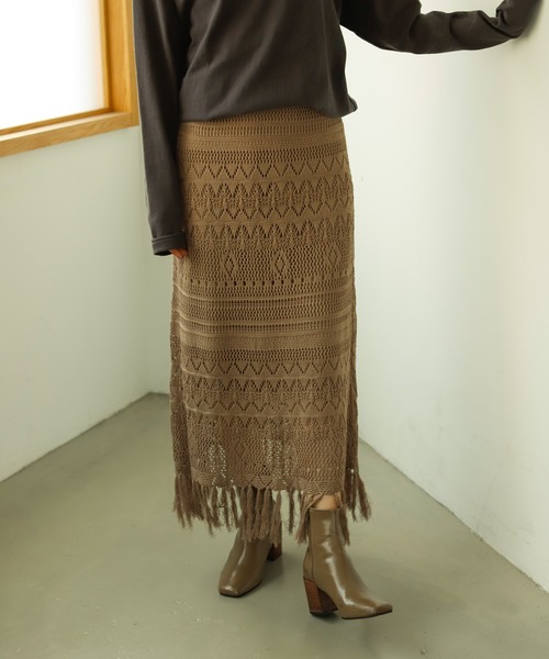 Auntie Rosa Holiday（アンティローザホリデー）の「透かし編みフリンジスカート（スカート・レディース・ブラウン/モカ/ナチュラル・FREE）」の6枚目の写真