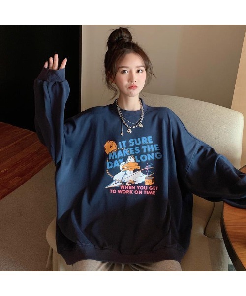 duckプリント 古着風 オーバーサイズ 長袖 スウェット トレーナー