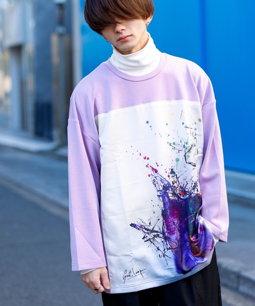 Beno（ビーノ）の「ストレッチR/Tスムース アートデザイン貼付け ルーズシルエット ロングスリーブTEE（Tシャツ/カットソー・メンズ・ライトベージュ/オフホワイト/ラベンダー/ブラック/サックスブルー・FREE）」の5枚目の写真