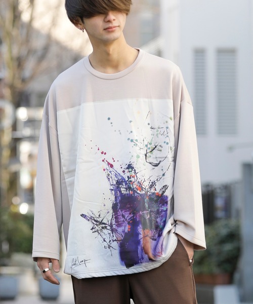 Beno（ビーノ）の「ストレッチR/Tスムース アートデザイン貼付け ルーズシルエット ロングスリーブTEE（Tシャツ/カットソー・メンズ・ライトベージュ/オフホワイト/ラベンダー/ブラック/サックスブルー・FREE）」の4枚目の写真