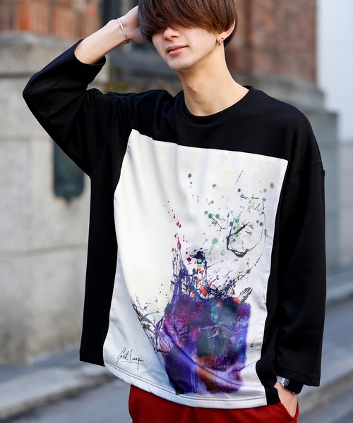 Beno（ビーノ）の「ストレッチR/Tスムース アートデザイン貼付け ルーズシルエット ロングスリーブTEE（Tシャツ/カットソー・メンズ・ライトベージュ/オフホワイト/ラベンダー/ブラック/サックスブルー・FREE）」の3枚目の写真