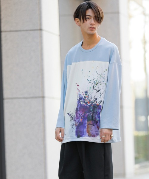 Beno（ビーノ）の「ストレッチR/Tスムース アートデザイン貼付け ルーズシルエット ロングスリーブTEE（Tシャツ/カットソー・メンズ・ライトベージュ/オフホワイト/ラベンダー/ブラック/サックスブルー・FREE）」の12枚目の写真