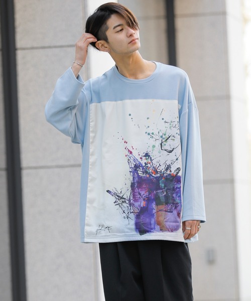 Beno（ビーノ）の「ストレッチR/Tスムース アートデザイン貼付け ルーズシルエット ロングスリーブTEE（Tシャツ/カットソー・メンズ・ライトベージュ/オフホワイト/ラベンダー/ブラック/サックスブルー・FREE）」の13枚目の写真