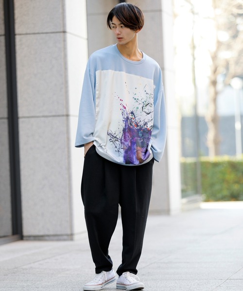 Beno（ビーノ）の「ストレッチR/Tスムース アートデザイン貼付け ルーズシルエット ロングスリーブTEE（Tシャツ/カットソー・メンズ・ライトベージュ/オフホワイト/ラベンダー/ブラック/サックスブルー・FREE）」の15枚目の写真