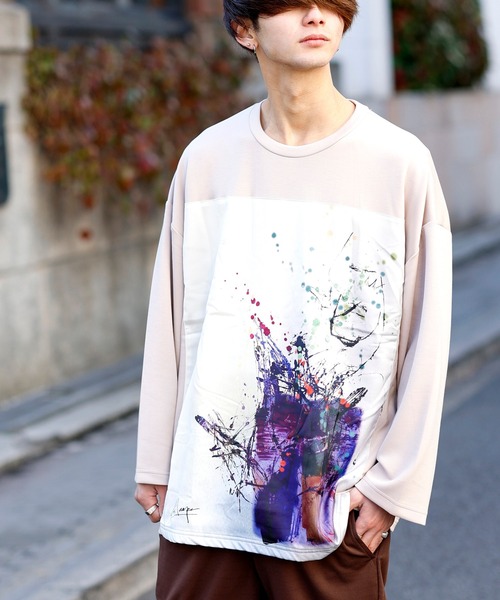 Beno（ビーノ）の「ストレッチR/Tスムース アートデザイン貼付け ルーズシルエット ロングスリーブTEE（Tシャツ/カットソー・メンズ・ライトベージュ/オフホワイト/ラベンダー/ブラック/サックスブルー・FREE）」の17枚目の写真