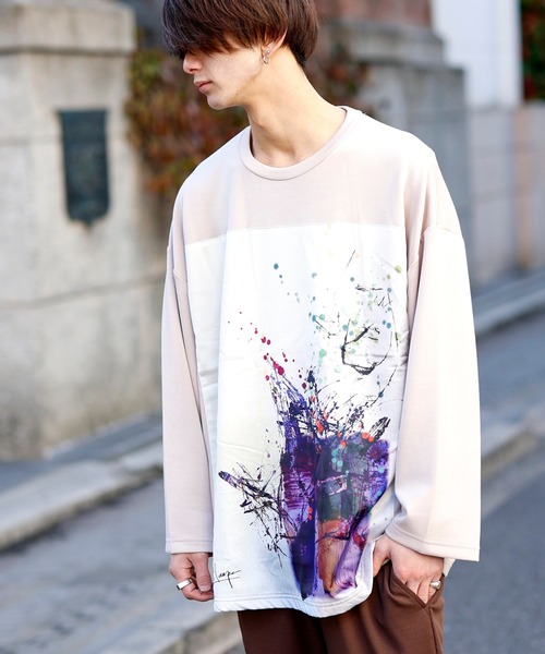 Beno（ビーノ）の「ストレッチR/Tスムース アートデザイン貼付け ルーズシルエット ロングスリーブTEE（Tシャツ/カットソー・メンズ・ライトベージュ/オフホワイト/ラベンダー/ブラック/サックスブルー・FREE）」の18枚目の写真
