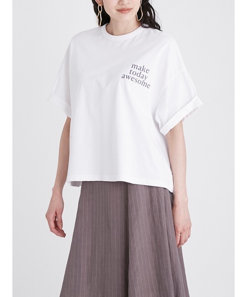 Mila Owen（ミラオーウェン）の「短丈ワイドグラフィックTシャツ（Tシャツ/カットソー・レディース・ベージュ/グリーン/ホワイト・FREE）」の6枚目の写真