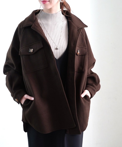 Fizz(フィズ)の「【Fizz/フィズ】 ニットメルトンオーバーサイズCPOジャケット(ミリタリージャケット・レディース・ブラウン/オリーブ/モカ・FREE)」の1枚目の写真