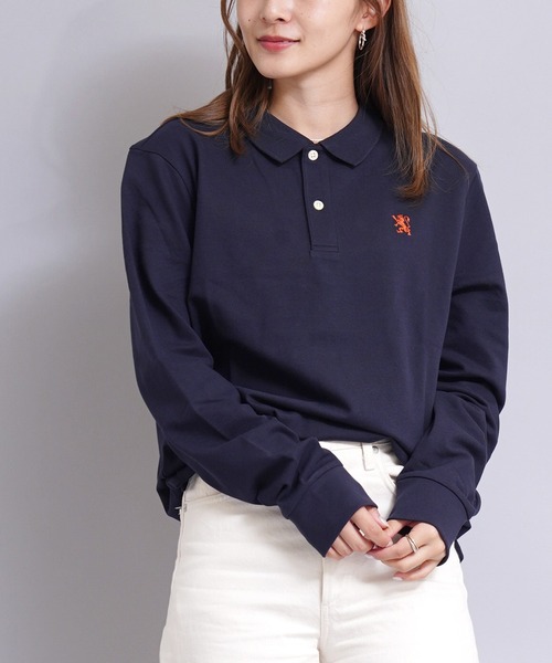 GIORDANO（ジョルダーノ）の「[ GIORDANO ] ストレッチロングスリーブライオン刺繍ポロシャツ（ポロシャツ・レディース・ホワイト/ブラック/ネイビー/カーキ/ダークオレンジ/グリーン・MEDIUM/LARGE/SMALL/X-LARGE/XX-LARGE）」の2枚目の写真
