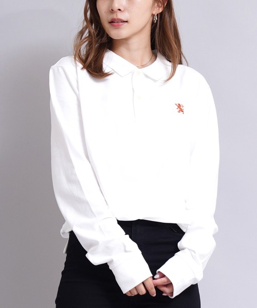 GIORDANO（ジョルダーノ）の「[ GIORDANO ] ストレッチロングスリーブライオン刺繍ポロシャツ（ポロシャツ・レディース・ホワイト/ブラック/ネイビー/カーキ/ダークオレンジ/グリーン・MEDIUM/LARGE/SMALL/X-LARGE/XX-LARGE）」の3枚目の写真