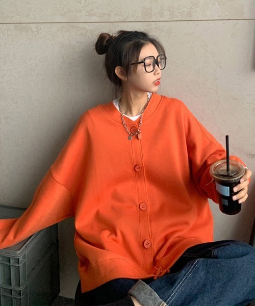 VIBGYOR Women（ヴィブジョー　ウィメン）の「【KOREA SELECT】ビッグシルエット スウェット カーディガン（カーディガン/ボレロ・レディース・グレー/オレンジ/ピンク・MEDIUM/LARGE/X-LARGE）」の9枚目の写真