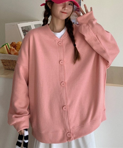 VIBGYOR Women（ヴィブジョー　ウィメン）の「【KOREA SELECT】ビッグシルエット スウェット カーディガン（カーディガン/ボレロ・レディース・グレー/オレンジ/ピンク・MEDIUM/LARGE/X-LARGE）」の6枚目の写真