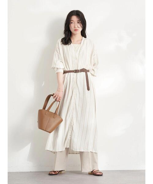 earth music&ecology（アースミュージックアンドエコロジー）の「麻混バックギャザードルマンワンピース(柄)（ワンピース・レディース・ストライプ/ベージュ系その他2・FREE）」の14枚目の写真