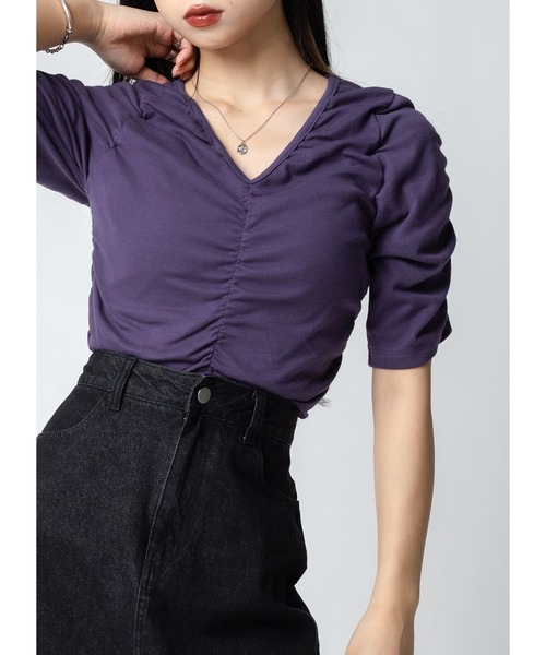 Adoon plain(アドーンプレーン)の「シャーリングトップス(Tシャツ/カットソー・レディース・ホワイト/ブラック/パープル・FREE)」の3枚目の写真