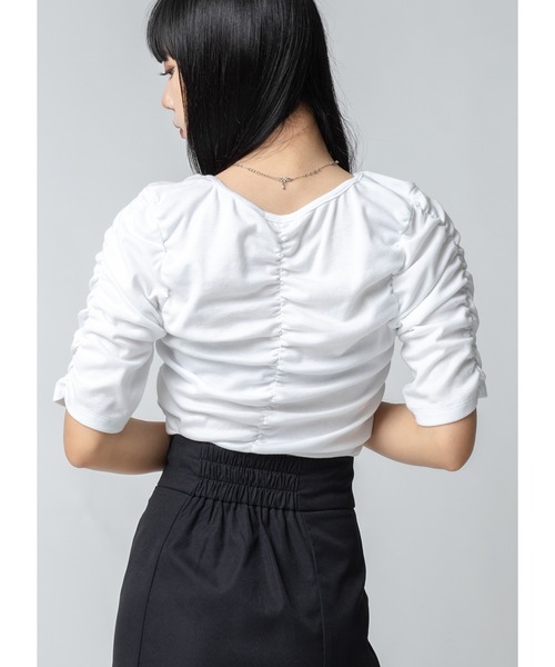 Adoon plain(アドーンプレーン)の「シャーリングトップス(Tシャツ/カットソー・レディース・ホワイト/ブラック/パープル・FREE)」の8枚目の写真