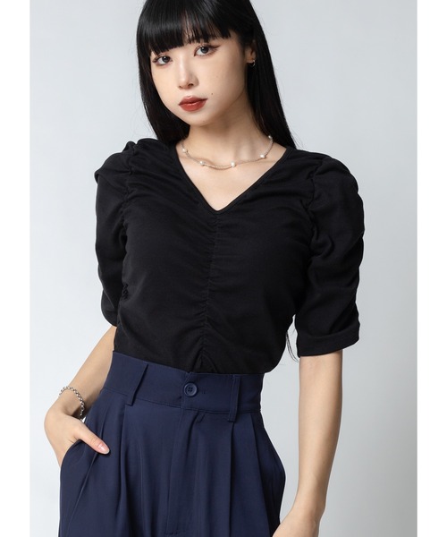 Adoon plain(アドーンプレーン)の「シャーリングトップス(Tシャツ/カットソー・レディース・ホワイト/ブラック/パープル・FREE)」の12枚目の写真