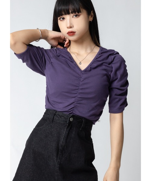 Adoon plain(アドーンプレーン)の「シャーリングトップス(Tシャツ/カットソー・レディース・ホワイト/ブラック/パープル・FREE)」の5枚目の写真