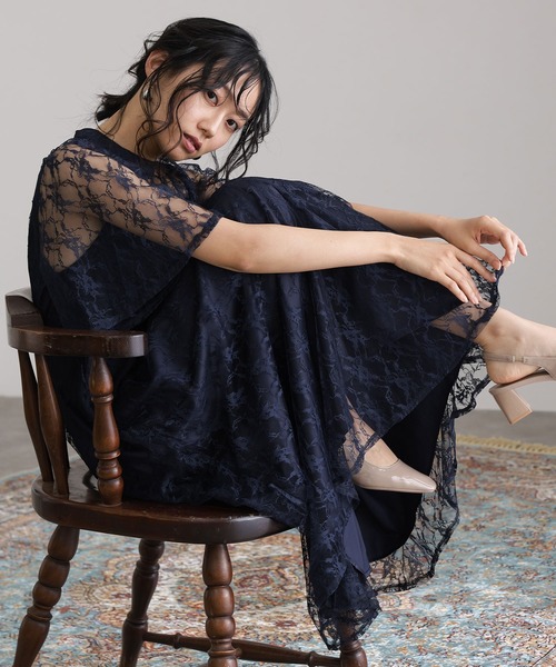 atlo（アトロ）の「ミモレ丈&袖あり フォーマル 同窓会 総レース 大きいサイズ 結婚式 パーティー ドレス オケージョンドレス お呼ばれ 二次会 成人式 謝恩会 20代 30代（ドレス・レディース・ネイビー/サックスブルー系/ワインレッド/ブラック・M/XL/S/L）」の5枚目の写真