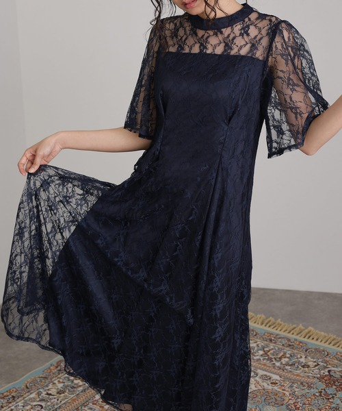 atlo（アトロ）の「ミモレ丈&袖あり フォーマル 同窓会 総レース 大きいサイズ 結婚式 パーティー ドレス オケージョンドレス お呼ばれ 二次会 成人式 謝恩会 20代 30代（ドレス・レディース・ネイビー/サックスブルー系/ワインレッド/ブラック・M/XL/S/L）」の9枚目の写真