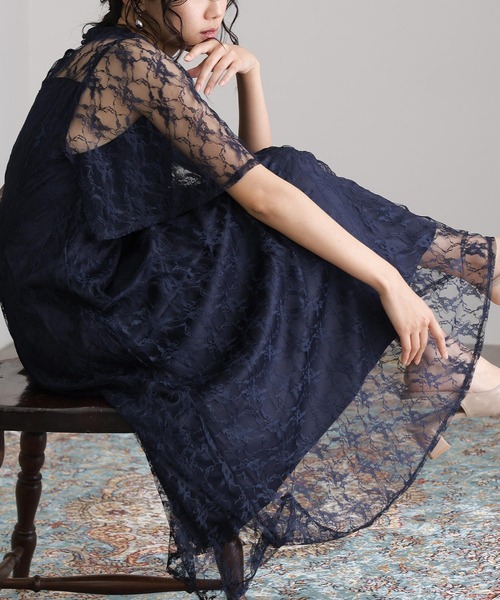 atlo（アトロ）の「ミモレ丈&袖あり フォーマル 同窓会 総レース 大きいサイズ 結婚式 パーティー ドレス オケージョンドレス お呼ばれ 二次会 成人式 謝恩会 20代 30代（ドレス・レディース・ネイビー/サックスブルー系/ワインレッド/ブラック・M/XL/S/L）」の19枚目の写真