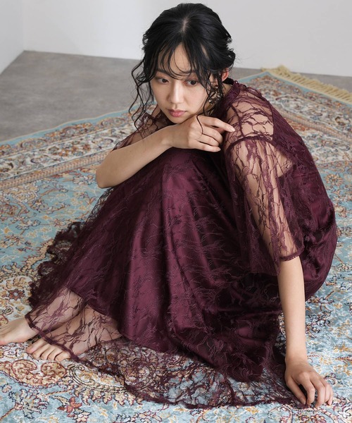 ミモレ丈&袖ありフォーマル同窓会総レース大きいサイズ結婚式