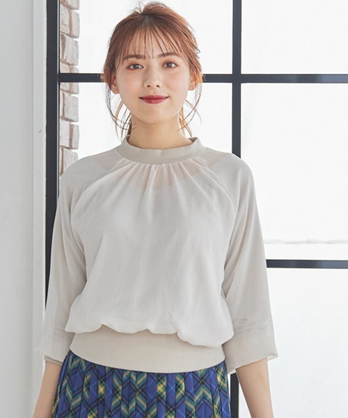 12Twelve Agenda（トゥエルブ　アジェンダ）の「プチハイネックインナー付9分袖カットソ―プルオーバー（Tシャツ/カットソー・レディース・ブラック/ピンク/ミント/グレイッシュベージュ/ベージュ系その他/サックスブルー/ネイビー・M）」の4枚目の写真