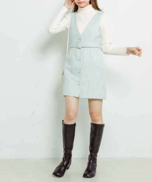 OLIVE des OLIVE（オリーブデオリーブ）の「ベルト付きツイードVネックジャンスカ（ジャンパースカート・レディース・ミント/ライトグレー・FREE）」の11枚目の写真