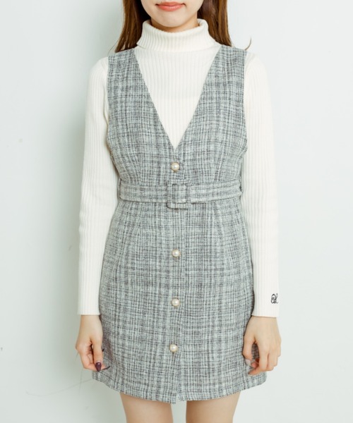 OLIVE des OLIVE（オリーブデオリーブ）の「ベルト付きツイードVネックジャンスカ（ジャンパースカート・レディース・ミント/ライトグレー・FREE）」の19枚目の写真