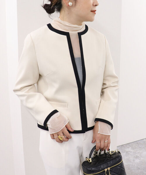 INTERPLANET ドビーオックス配色パイピングノーカラージャケット セール】ドビーオックス配色パイピングノーカラージャケット