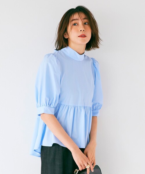 Feroux(フェルゥ)の「【新色追加・ONWARD CROSSET MAG掲載】バックリボンパフスリーブ ブラウス(シャツ/ブラウス・レディース・ネイビー系/ピンク系/スカイブルー系/ライトグリーン系・F)」の5枚目の写真