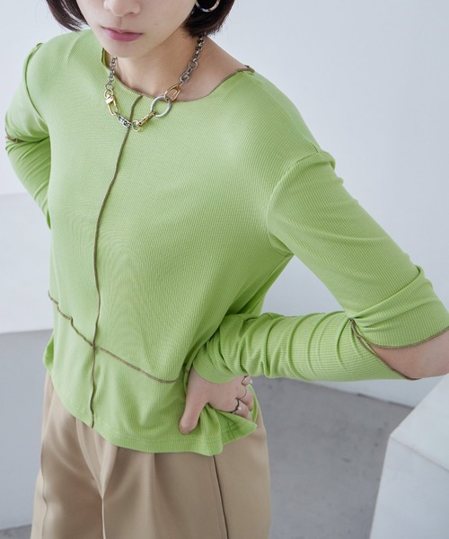Fashion Letter(ファッションレター)の「ソフトリブ カットアウト 配色メローカットソー(Tシャツ/カットソー・レディース・グレイッシュベージュ/オレンジ/ライム/オリーブ/ブラック・M)」の4枚目の写真