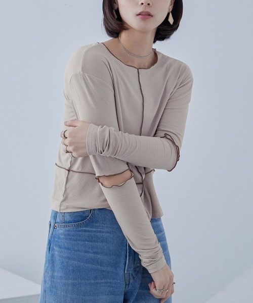 Fashion Letter(ファッションレター)の「ソフトリブ カットアウト 配色メローカットソー(Tシャツ/カットソー・レディース・グレイッシュベージュ/オレンジ/ライム/オリーブ/ブラック・M)」の3枚目の写真