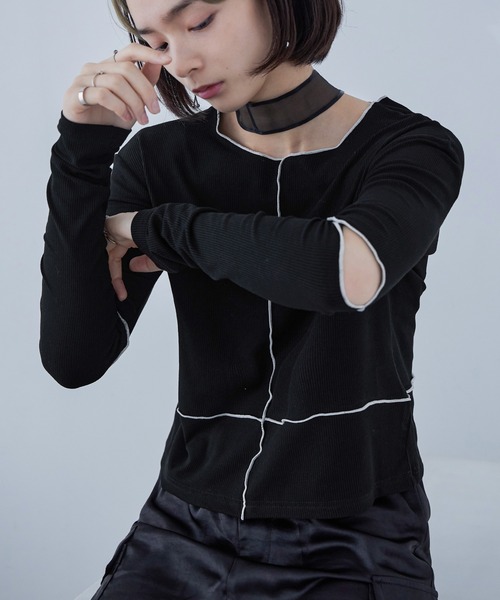 Fashion Letter(ファッションレター)の「ソフトリブ カットアウト 配色メローカットソー(Tシャツ/カットソー・レディース・グレイッシュベージュ/オレンジ/ライム/オリーブ/ブラック・M)」の2枚目の写真