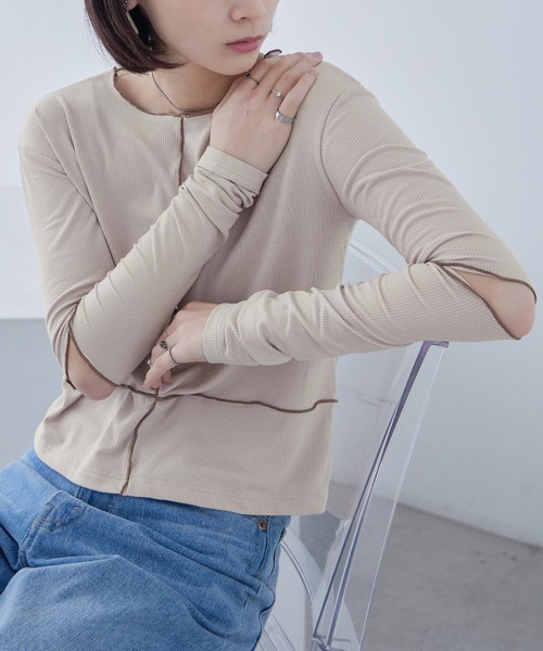 Fashion Letter(ファッションレター)の「ソフトリブ カットアウト 配色メローカットソー(Tシャツ/カットソー・レディース・グレイッシュベージュ/オレンジ/ライム/オリーブ/ブラック・M)」の10枚目の写真