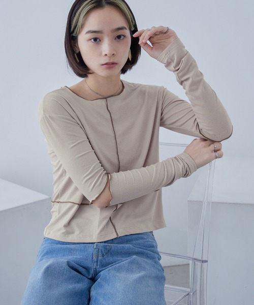 Fashion Letter(ファッションレター)の「ソフトリブ カットアウト 配色メローカットソー(Tシャツ/カットソー・レディース・グレイッシュベージュ/オレンジ/ライム/オリーブ/ブラック・M)」の21枚目の写真