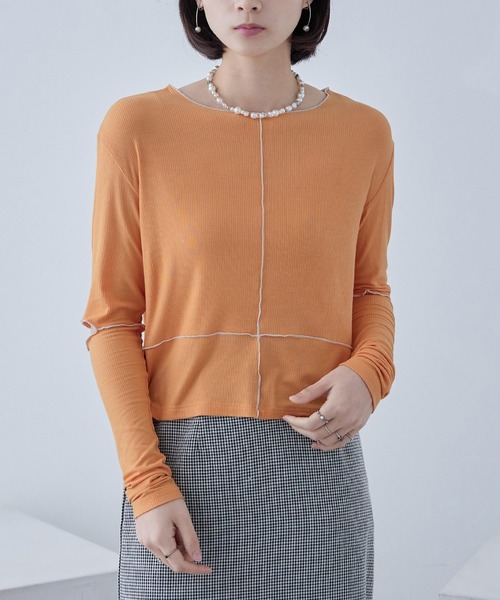 Fashion Letter(ファッションレター)の「ソフトリブ カットアウト 配色メローカットソー(Tシャツ/カットソー・レディース・グレイッシュベージュ/オレンジ/ライム/オリーブ/ブラック・M)」の16枚目の写真